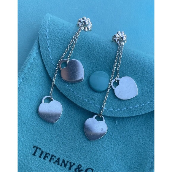 RARE Return Tiffany & Co. Silver 10mm Double Heart Dangle Drop Stud Earrings 925 - Picture 7 of 16